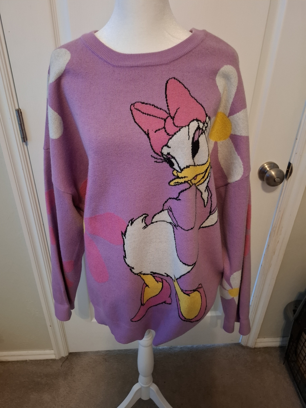 Disney Lilac Daisy Duck Crewneck Sweater with Pink Bow & Yellow Accents